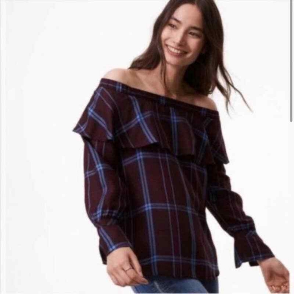 Loft plaid off-shoulder ruffle top size M